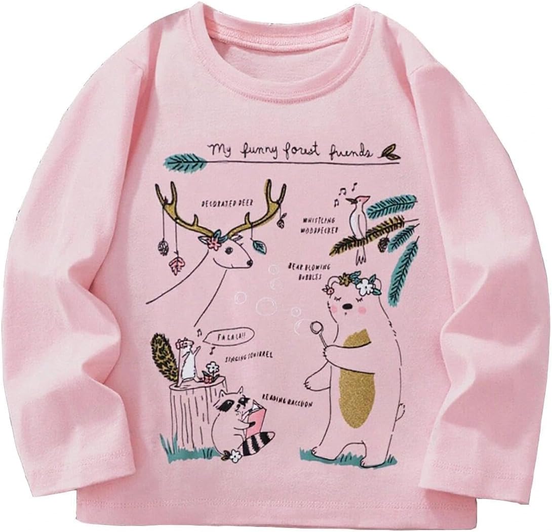 Girls' Long-Sleeved Cartoon Print T-Shirt for Fall and Winter Soft and Back to School Season 3-8 Years