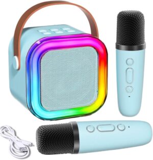 MB® Karaoke Machine for Kids, RECHARGEABLE Mini Portable Bluetooth Speaker with 2 Wireless Microphones, Mini Kids Karaoke Machine (BLUE)