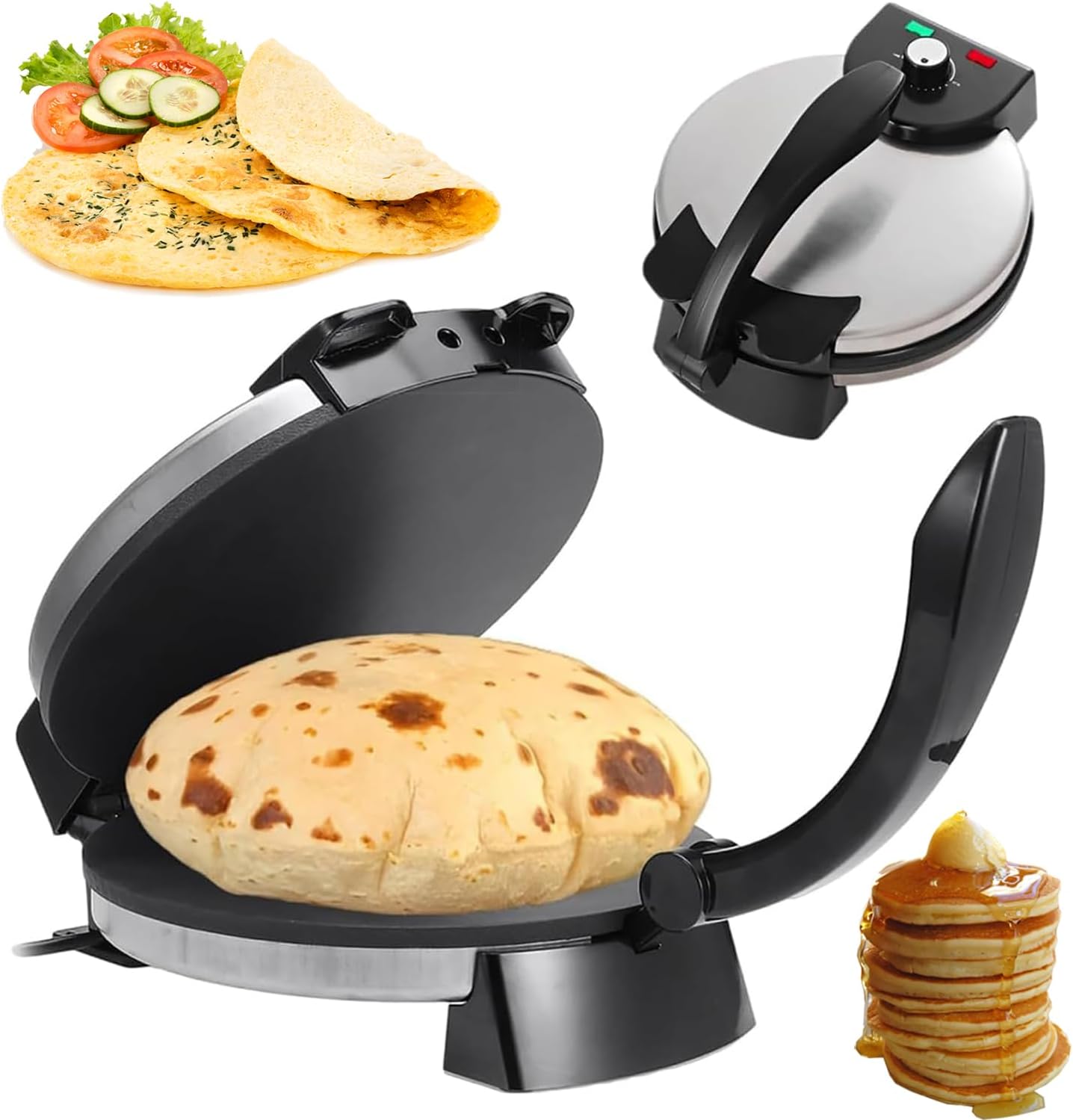 ماكينة صنع روتي كهربائية 1800 واط، مكبس تورتيلا كهربائي مع الواح غير لاصقة 10 انش ودرجة حرارة قابلة للتعديل، مقبض مضاد للحروق، الة صنع شاباتي لصنع البان كيك والكريب