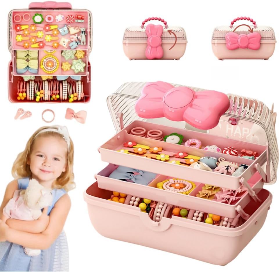صندوق تخزين اكسسوارات الشعر مع غطاء، صندوق تخزين مجوهرات بلاستيكي لمستحضرات التجميل للاطفال مع صينية ومقبض قابل للتوسيع، حاوية مشابك الشعر لتنظيم عصابات الراس للبنات (بينك)