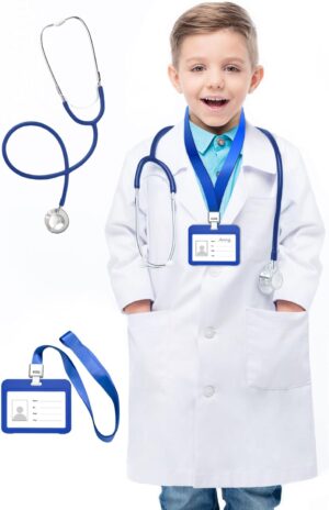 معطف مختبر ابيض للاطفال من اتش تي في واي دي اس طبيب مع سماعة الطبيب وبطاقة الهوية زي تنكري للطبيب والعالم للاولاد والبنات L البوليستر