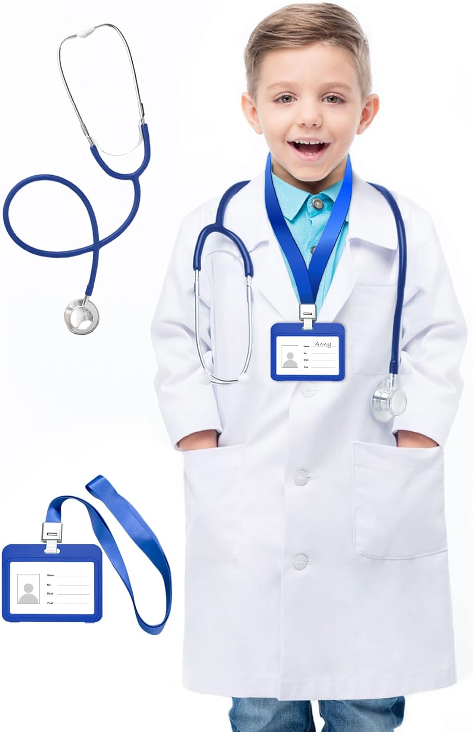 معطف مختبر ابيض للاطفال من اتش تي في واي دي اس طبيب مع سماعة الطبيب وبطاقة الهوية زي تنكري للطبيب والعالم للاولاد والبنات L البوليستر