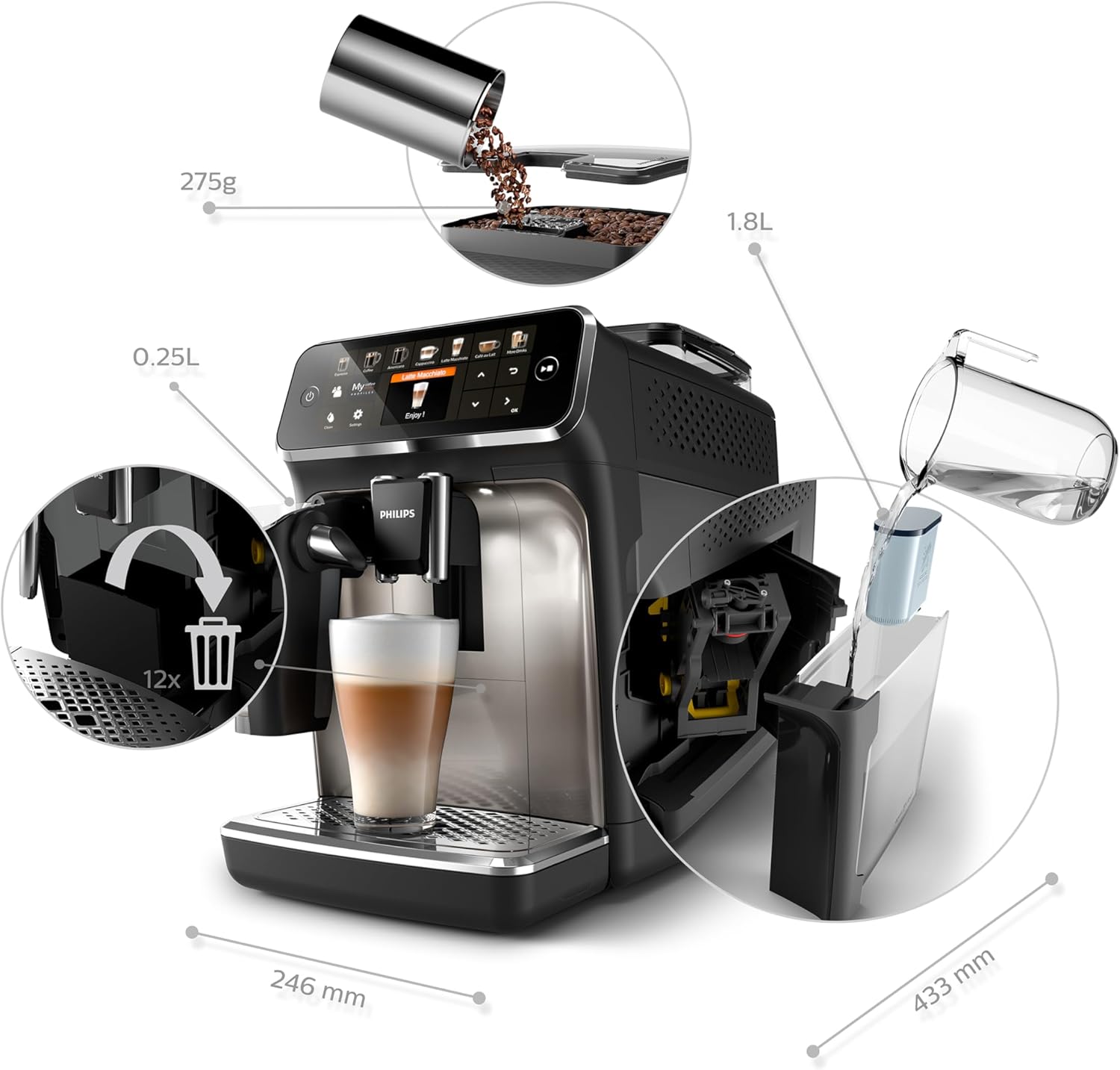 ماكينة تحضير قهوة الإسبريسو الأوتوماتيكية بالكامل من فيليبس، سلسلة 5500-20، لاتيه جو، جرعة إضافية، مشروب صامت، شاشة سهلة الاستخدام، 4 إعدادات للمستخدم، 12 إعدادًا للمطحنة الخزفية، لون كروم - EP5547/23 24 7152jpyH+KL. AC SL1500