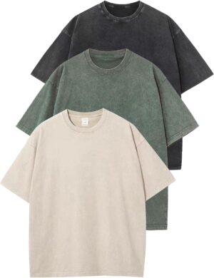 تي شيرتات رجالية فضفاضة مغسولة بحمض مناسبة للجنسين، تي شيرتات أساسية كاجوال بأكمام قصيرة وقصة فضفاضة واسعة من 3 قطع من فلايجو