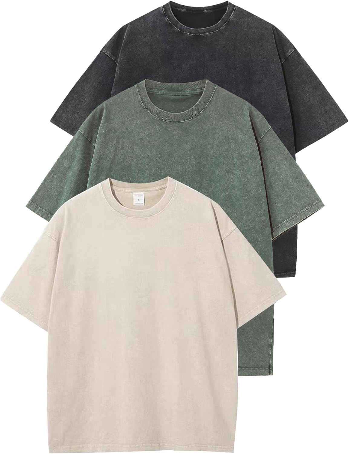 تي شيرتات رجالية فضفاضة مغسولة بحمض مناسبة للجنسين، تي شيرتات أساسية كاجوال بأكمام قصيرة وقصة فضفاضة واسعة من 3 قطع من فلايجو