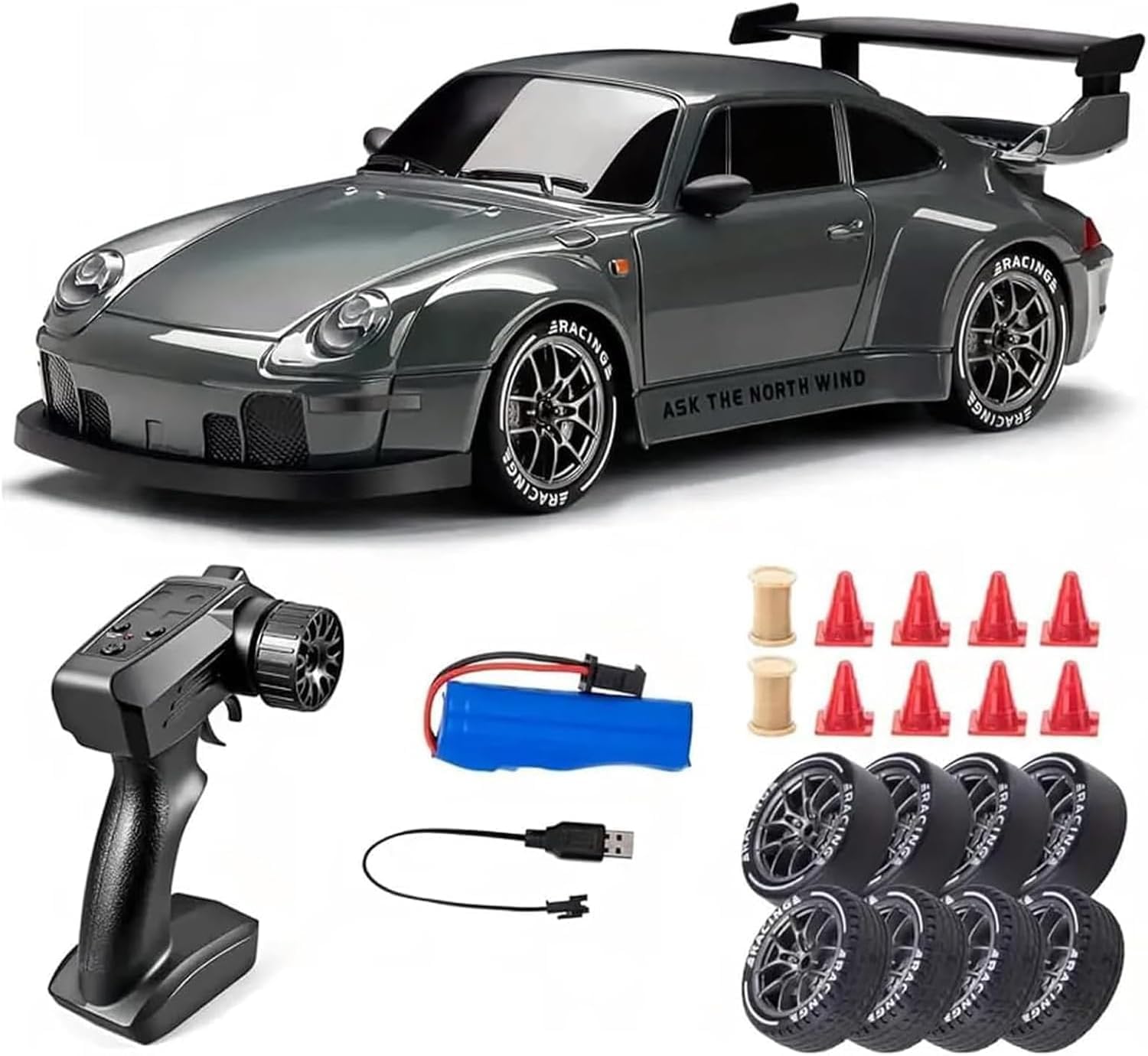 لعبة سيارة دريفت تعمل بجهاز تحكم عن بعد بمقياس 1:24، سيارة سباق رباعية الدفع عالية السرعة بإضاءة LED وإطارات مزدوجة لجميع التضاريس بمنفذ شحن USB وملحقات لمتعة الانجراف القصوى (بطاريات مزدوجة)