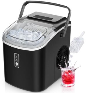 EUHOMY صانعة الثلج على الطاولة مع مقبض، 9 مكعبات ثلج في 6 دقائق، 12 كجم/يوم، الة ثلج محمولة ذاتية التنظيف مع مغرفة ثلج وسلة ونافذة شفافة، الة صنع الثلج للمنزل/المطبخ/الحفلات/المكتب/التخييم (أسود)