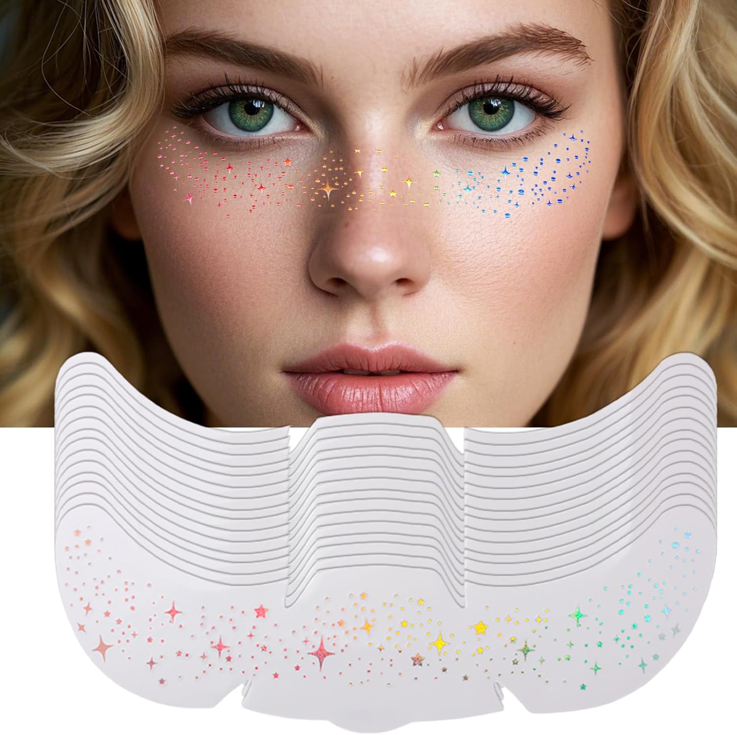 12 قطعة من الوشم المؤقت بالوان قوس قزح لامعة للوجه - رقع مكياج لامعة ذاتية اللصق مقاومة للماء للمهرجانات والشتاء والهالوين - ملصقات لامعة لامعة ثلاثية الابعاد للوجه