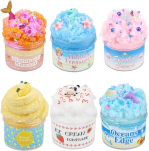 مجموعة سلايم كلاود، سلايم منفوش يشبه السحابة، لعبة حفلات بطابع كرتوني المحيط، لعبة ملونة لتخفيف التوتر، مناسبة للأولاد والبنات من بيونتي (6 قطع) (كلاود سمايل)