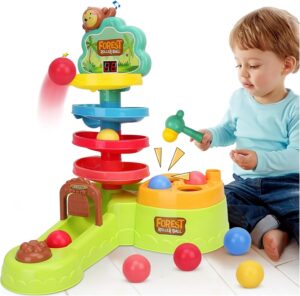 لعبة مونتيسوري من نيوب، مصنوعة من البلاستيك، مناسبة للجنسين من عمر سنة واحدة. تتميز بتصميم 3 في 1 مع برج لإسقاط الكرة ولعبة التسجيل. تساعد في تنمية البراعة اليدوية للأطفال.