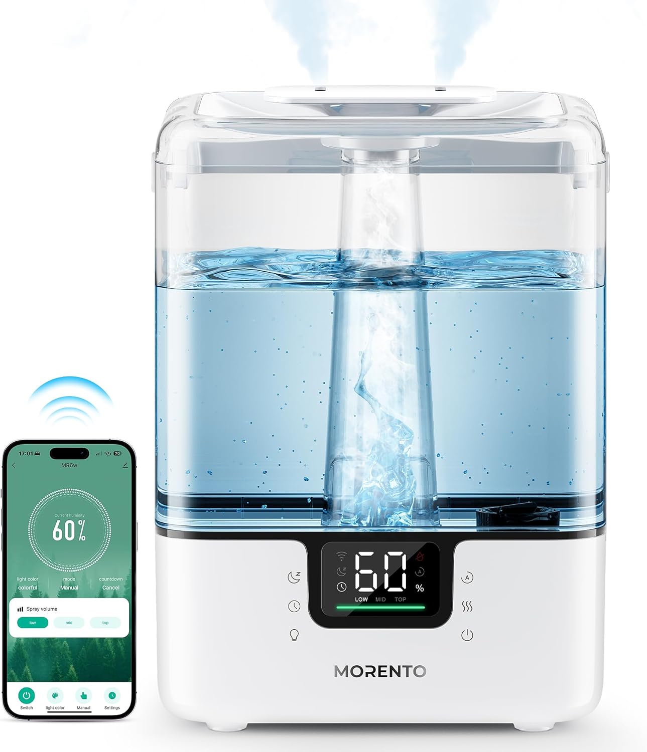MORENTO Smart Humidifier for Bedroom Room, 6L Cool Mist Top Fill Humidifier with Timer, Aroma Diffuser, 7 Night light, App & Voice Control, Quiet 26dB, Up to 60H for 50㎡, White