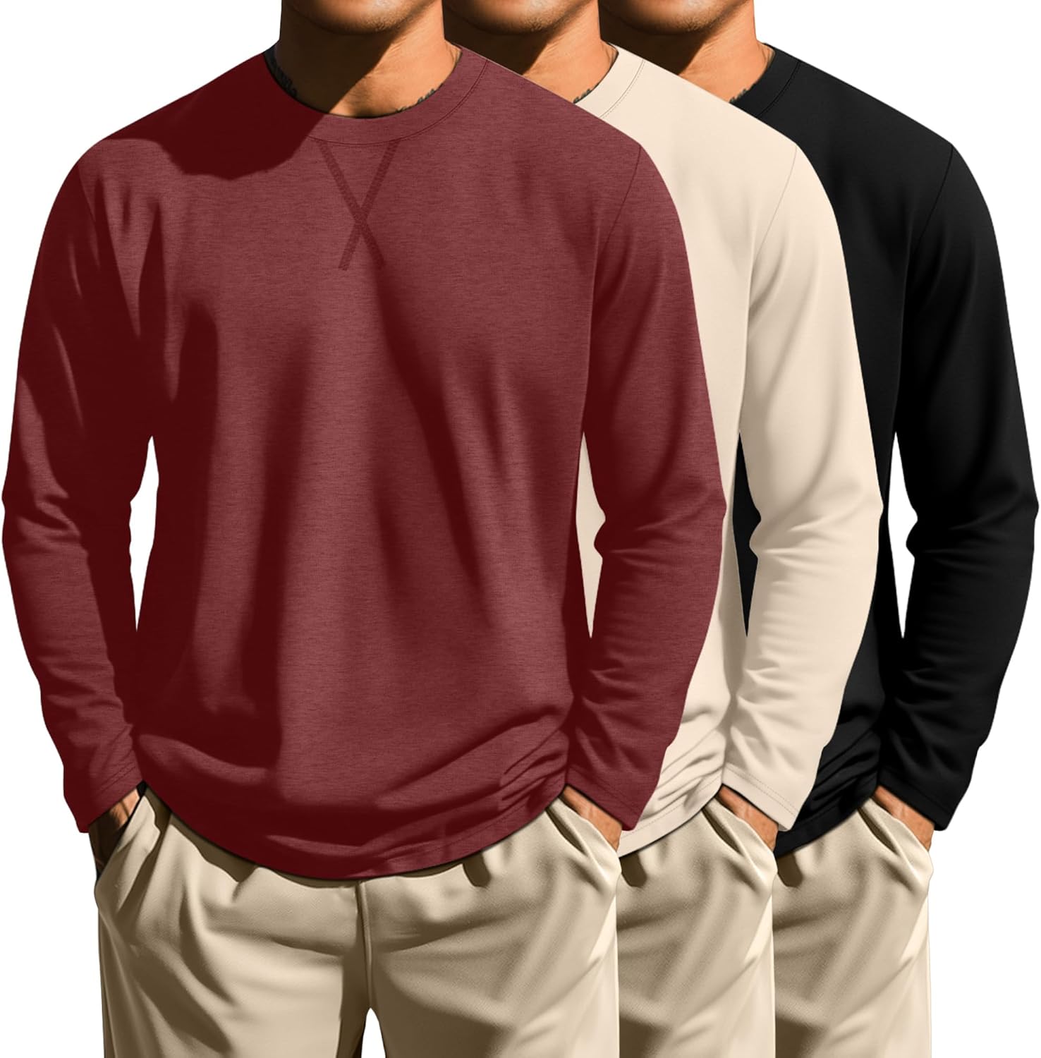 قميص كبير وطويل للرجال، قمصان بأكمام طويلة هيبستر هيب هوب وتيشيرت طويل الرقبة دائرية من نير، 3 عبوات، توب أساسي لارج-7 اكس لارج