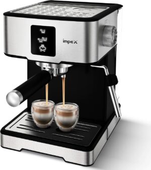 ماكينة تحضير قهوة اسبريسو من امبيكس، 1400 واط، 1.7 لتر، تسخين سريع لمدة 15 ثانية، 3 برامج مضبوطة مسبقا، مضخة ضغط 20 بار للاسبريسو والكابتشينو واللاتيه وايقاف تلقائي، ضمان لمدة عامين - IECM 2002