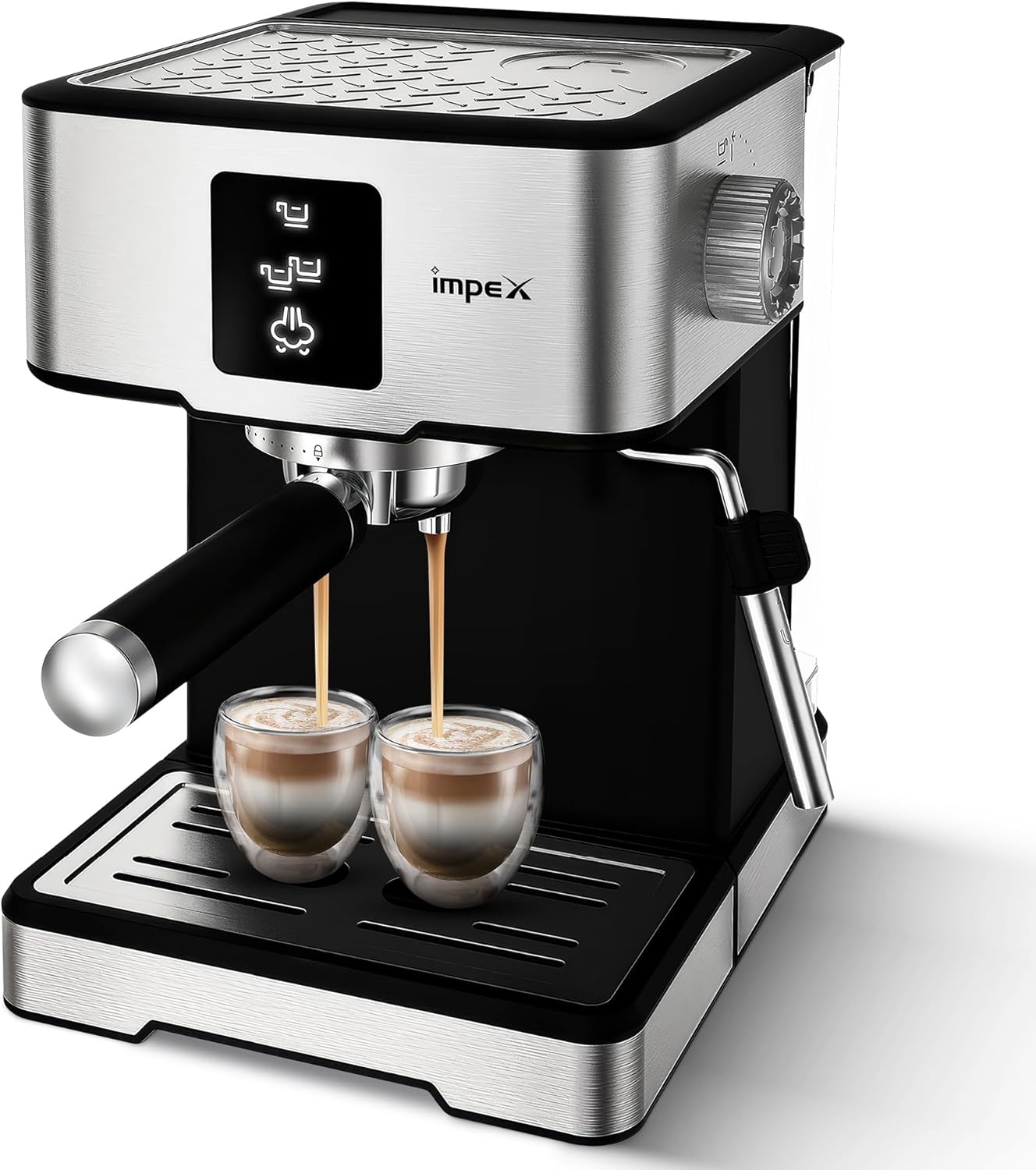 ماكينة تحضير قهوة اسبريسو من امبيكس، 1400 واط، 1.7 لتر، تسخين سريع لمدة 15 ثانية، 3 برامج مضبوطة مسبقا، مضخة ضغط 20 بار للاسبريسو والكابتشينو واللاتيه وايقاف تلقائي، ضمان لمدة عامين - IECM 2002