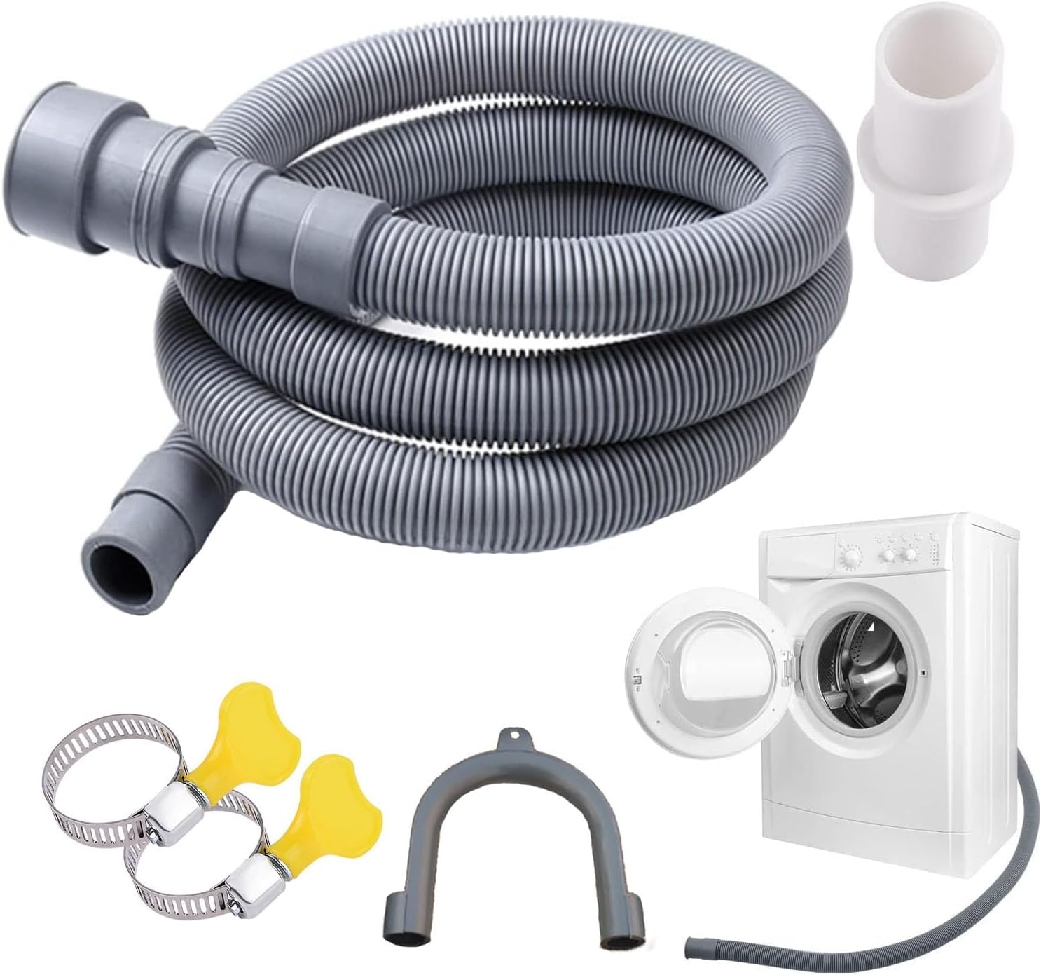 خرطوم تصريف عالمي للغسالة من بوكسونج، خرطوم تصريف مرن لغسالة الصحون، خرطوم تصريف بديل لماكينة تجفيف الملابس مع دعامة على شكل حرف U وموصل ومشبكين (2 متر)