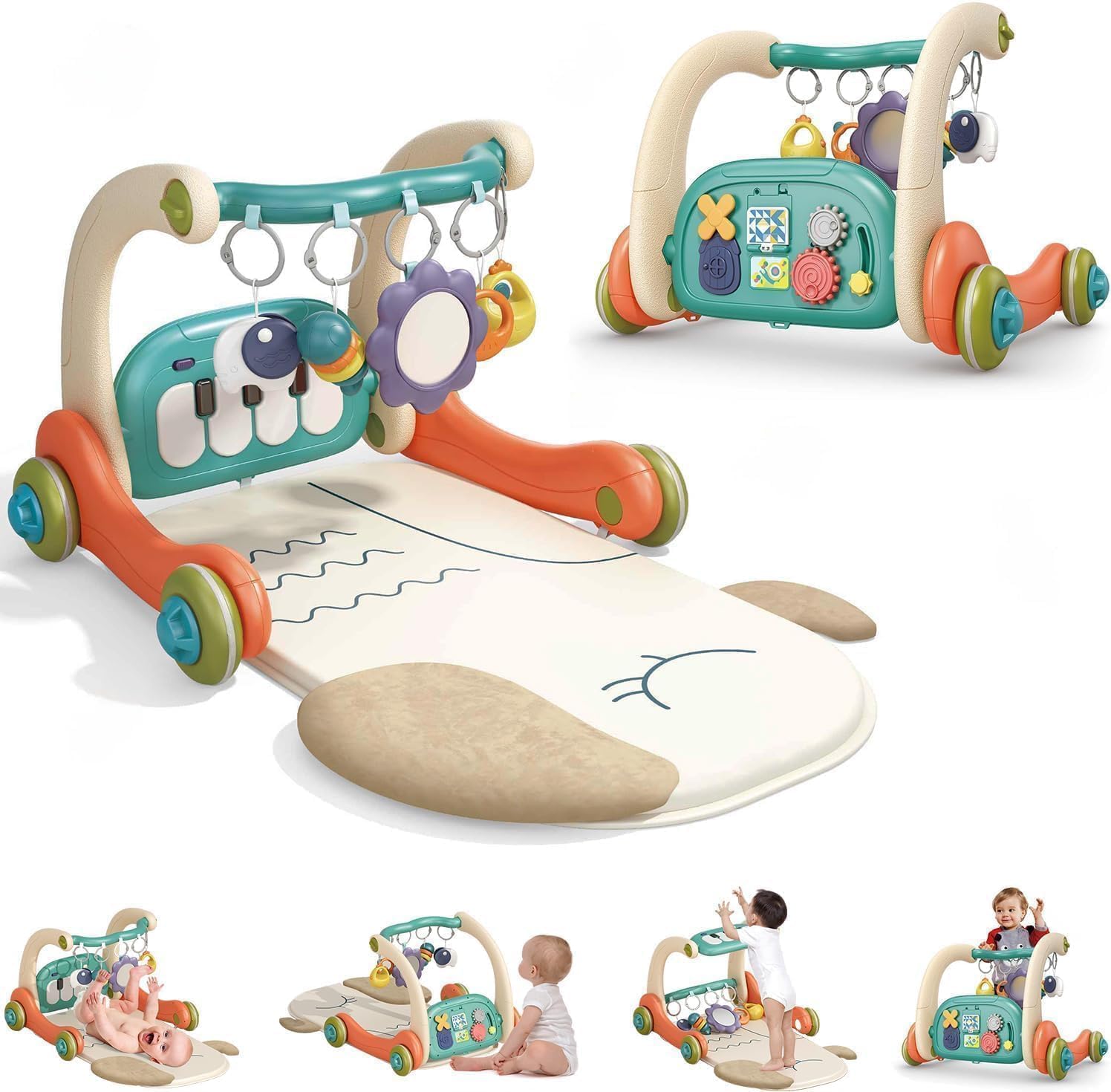 بساط لعب 3 في 1 للأطفال بتصميم صالة الألعاب الرياضية، بيانو قفز وعزف مع إضاءة وموسيقى، بساط لعب للاستلقاء على البطن مع 5 ألعاب تعلم حسية للرضع من عمر الولادة وحتى 14 شهرًا