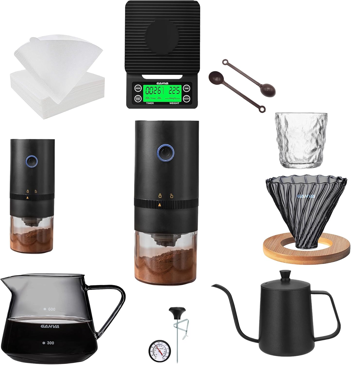 مجموعة تحضير القهوة V60 بطريقة الصب - مطحنة قهوة وميزان وغلاية وفلتر 02 طراز 19 متعدد الألوان ستانلس ستيل