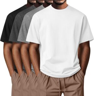 تي شيرت كبير وطويل من القطن بأكمام قصيرة ورقبة دائرية ضيقة غير رسمية للرجال من نير، مجموعة من 4 قطع