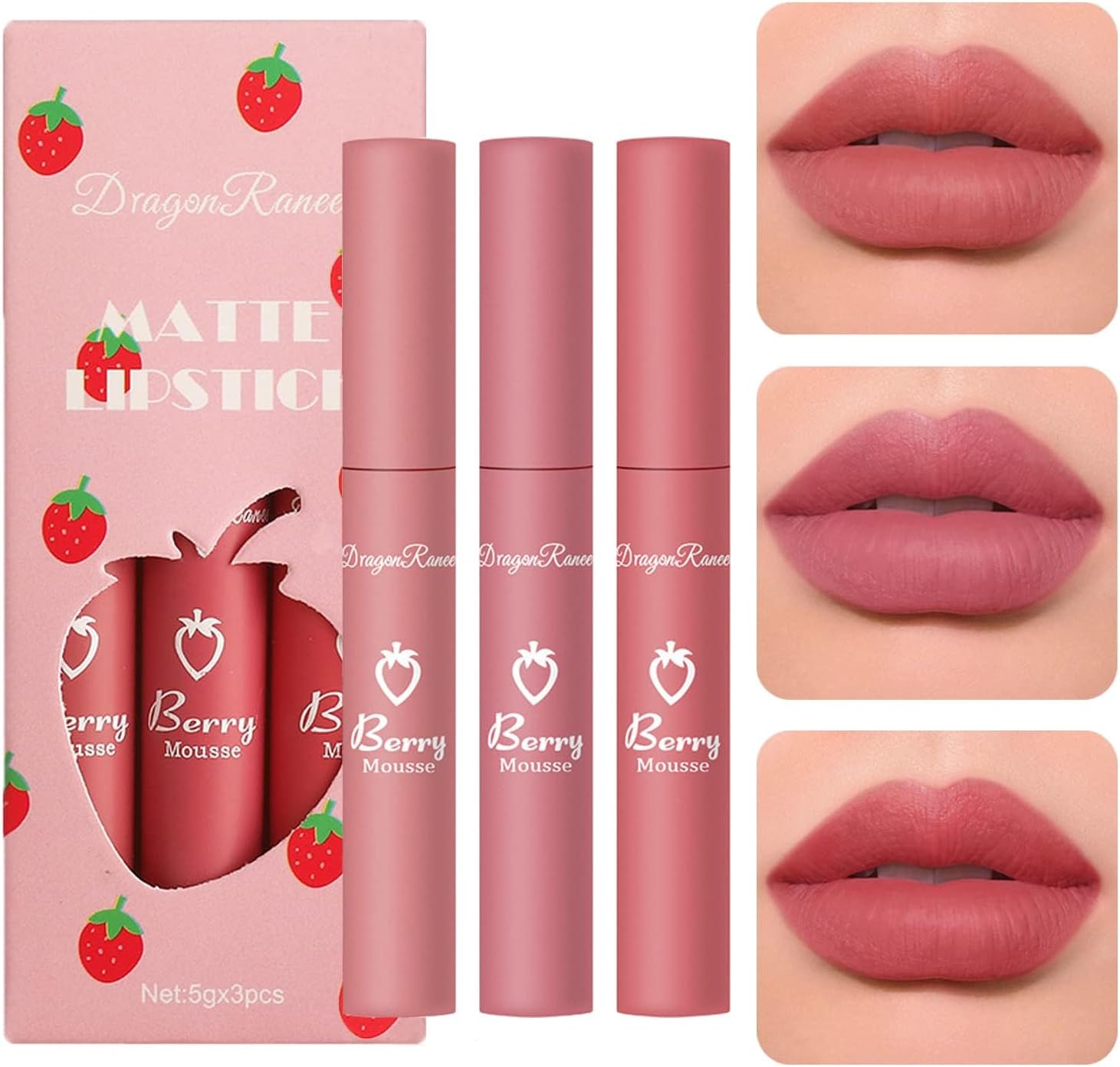 مجموعة أحمر شفاه، قلم شفاه مخملي ناعم ومرطب يدوم طويلًا، ملمع للشفاه مقاوم للماء للنساء، لون نود طبيعي غير لامع، 3 قطع، مجموعة C