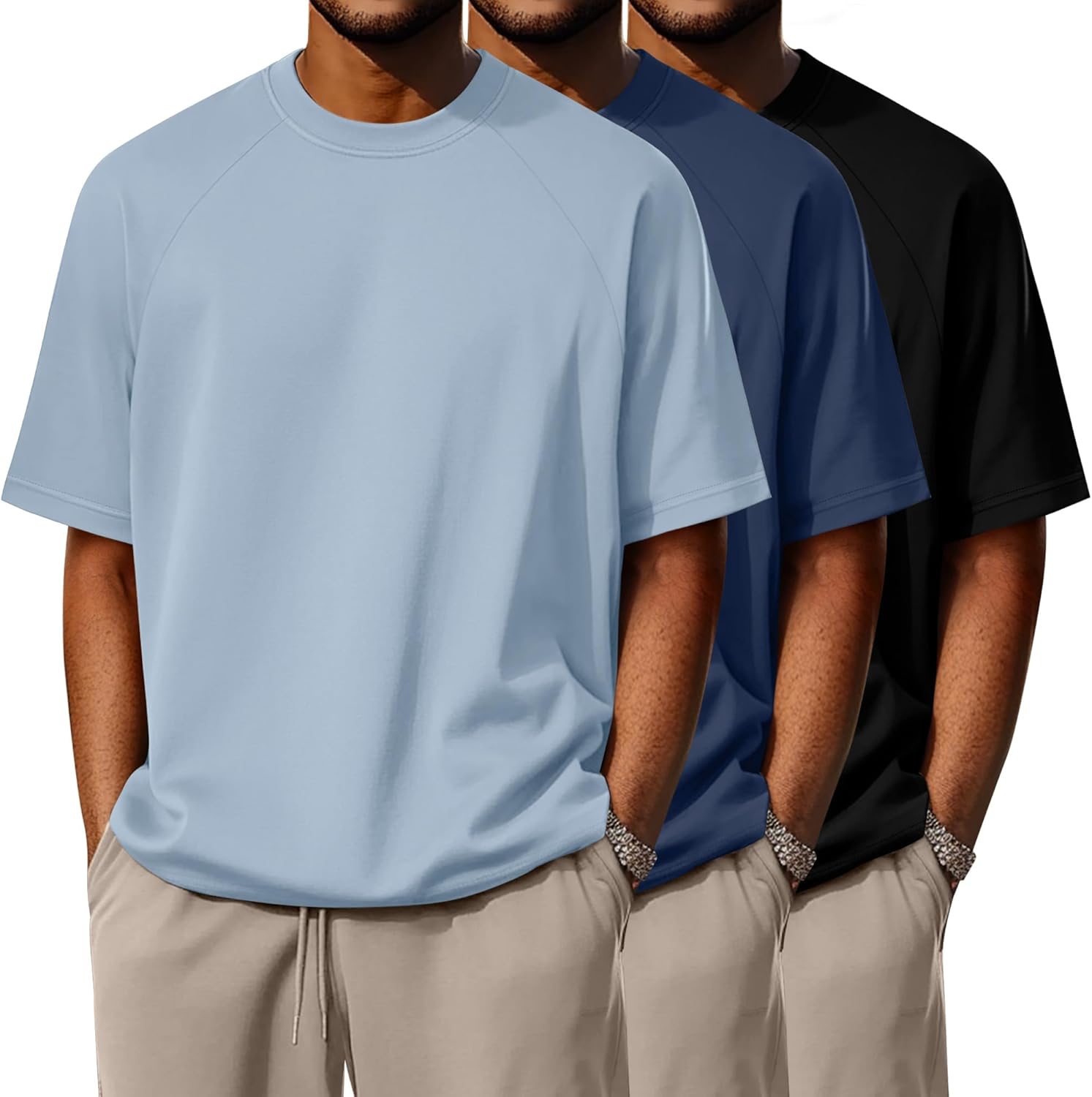 تي شيرت قطن بقصة واسعة، تيشيرتات كبيرة وطويلة بأكمام قصيرة راجلان ورقبة دائرية ضيقة من فيسيرد، مقاس كبير، مجموعة من 3 قطع