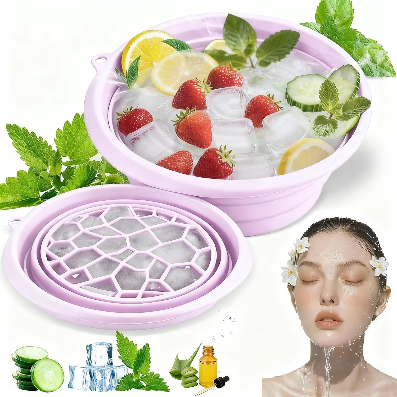 وعاء ثلج للوجه مع صينية ثلج مدمجة من زبزوالب، مصنوع من السيليكون القابل للطي، صغير الحجم وقابل لإعادة الاستخدام. مناسب للعناية بالوجه واستخدامه في المنزل أو أثناء التخييم والسفر، كما يساعد في تبريد