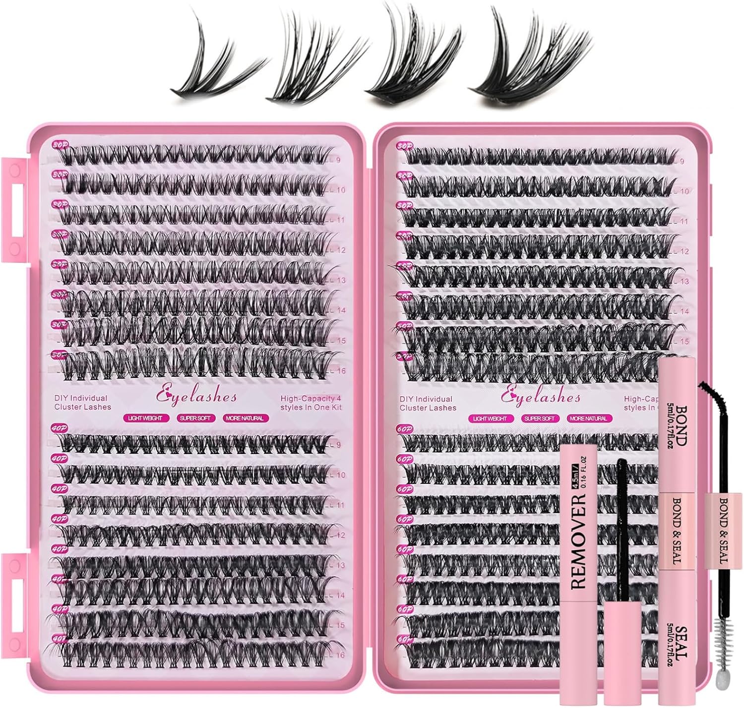 مجموعة وصلات الرموش، 640 رمش فردية، مجموعة مجموعات رموش يمكنك تركيبها بنفسك مع تثبيت قوي للرموش، ملاقط وفرشاة (مزيج 30-40-50-60D، 9-16 ملم)