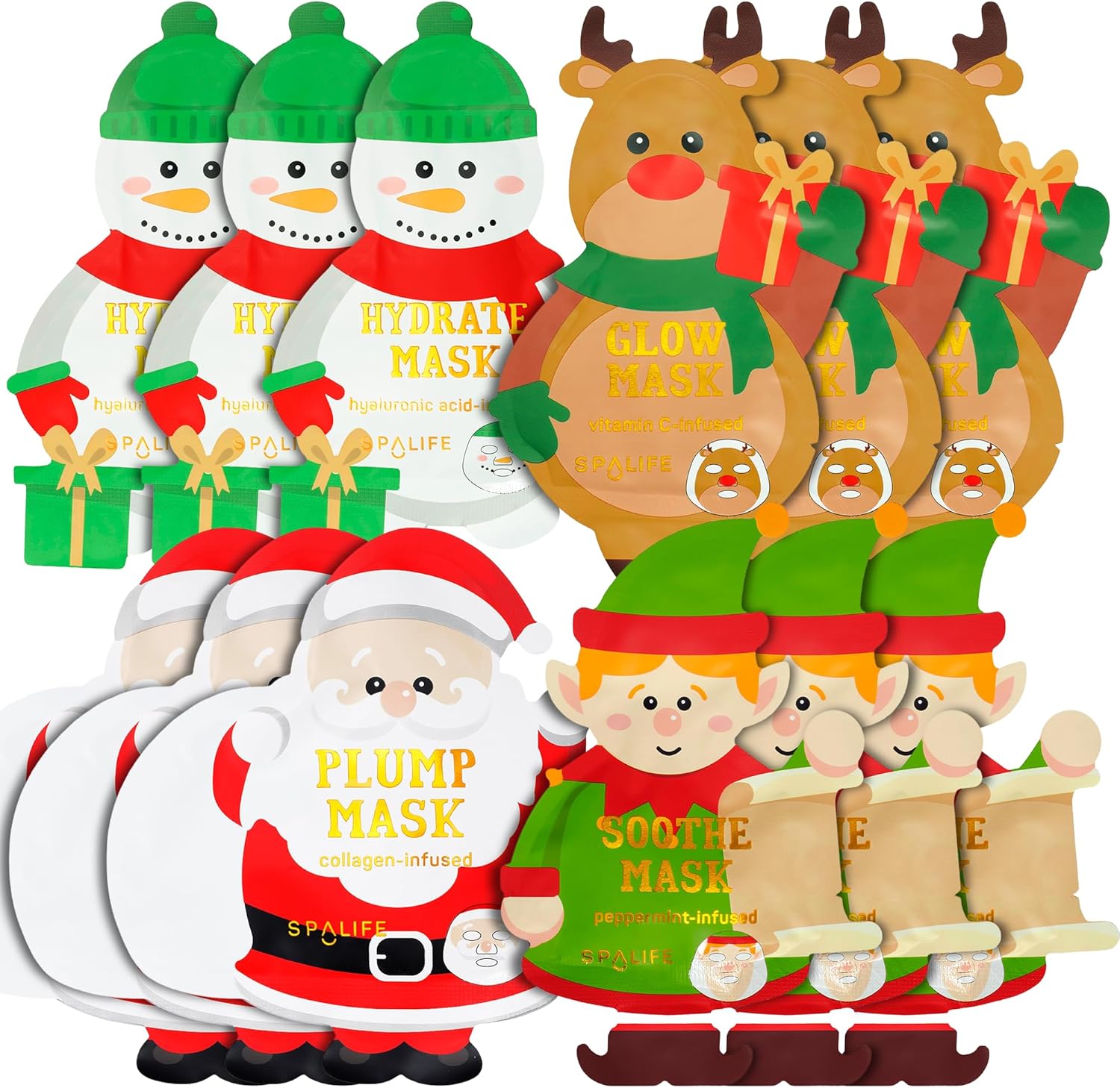 مجموعة اقنعة الوجه هوليداي سانتا ووركشوب من سبا لايف، عبوة من 12 قطعة متنوعة للاحتفالات - العناية بالبشرة للترطيب والانتعاش - مجموعة متنوعة للعناية بالبشرة