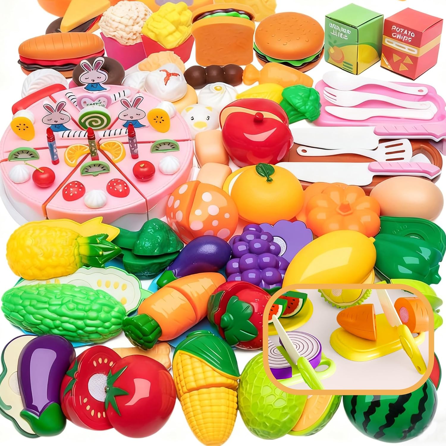 110 قطعة من ألعاب تقطيع الطعام للمطبخ للأطفال، لعبة طعام المطبخ مع سلة تسوق للخضروات والفواكه، مجموعة اكسسوارات مطبخ للأطفال، ألعاب المطبخ، ألعاب الطعام، أفضل هدية عيد ميلاد