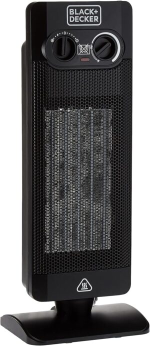 بلاك اند ديكر مدفأة مروحة عمودية ، 2000 واط، ارتفاع 52 سم لتغطية أقصى قدر من الغرفة، تحكم حراري مزدوج، إعدادان للحرارة، تذبذب، مروحة تبريد، إيقاف تشغيل تلقائي - أسود، HX340-B5