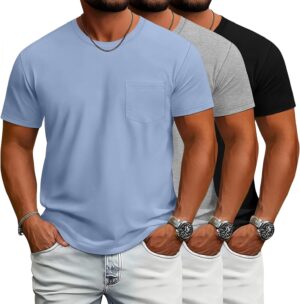 فيسيرد تي شيرت رجالي كبير وطويل باكمام قصيرة وجيب ورقبة دائرية بدون طوق من القطن خفيف الوزن سادة فضفاض من 3 قطع