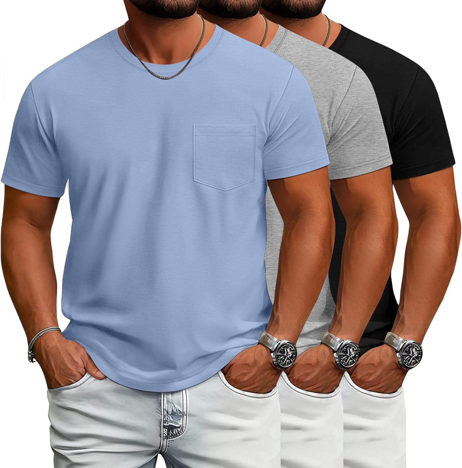 فيسيرد تي شيرت رجالي كبير وطويل باكمام قصيرة وجيب ورقبة دائرية بدون طوق من القطن خفيف الوزن سادة فضفاض من 3 قطع