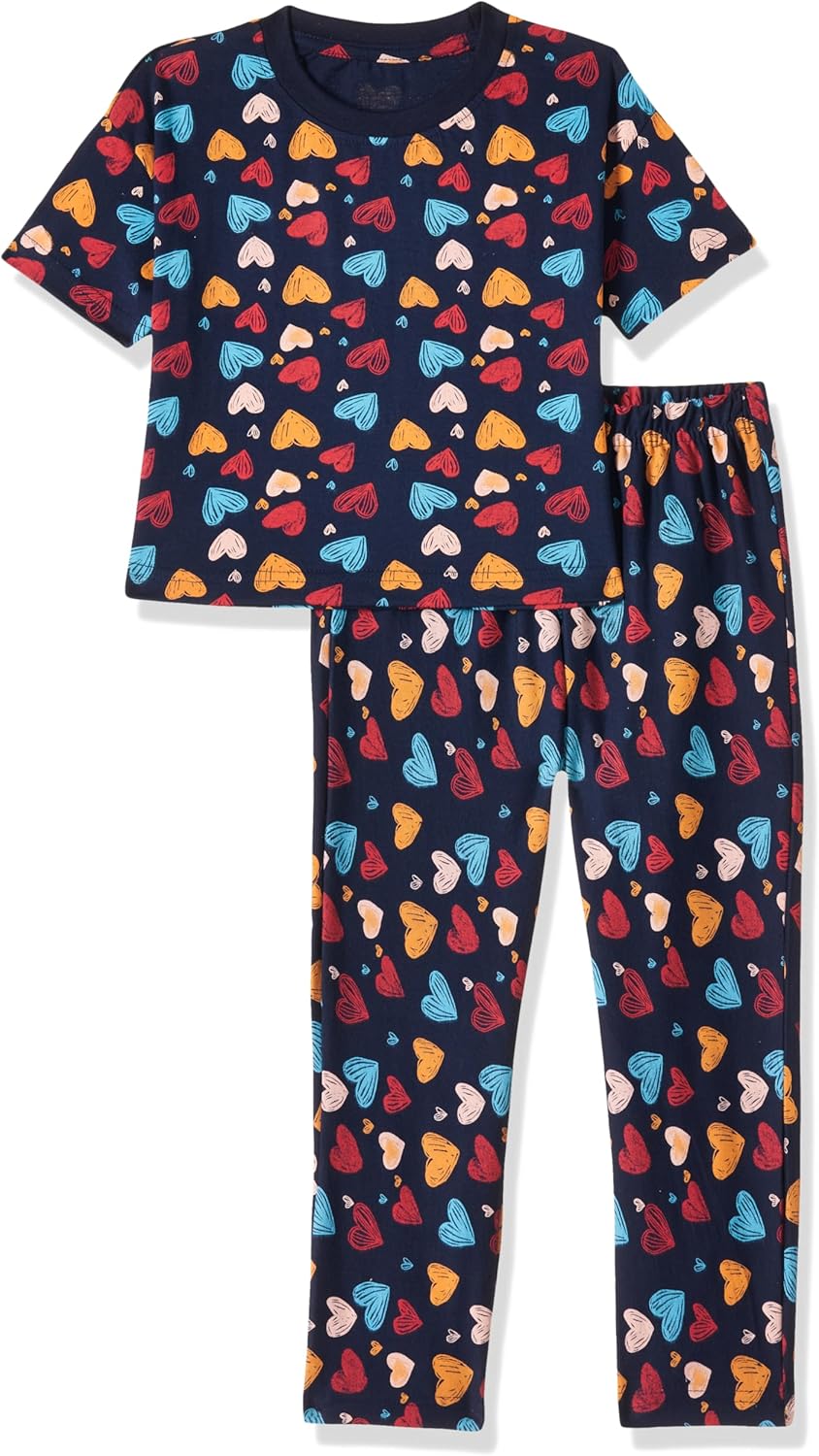 T2F Girls Cotton Printed Oversized Fit Crop Top and Pant Pajama Set