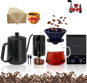 ماكينة تحضير القهوة بالسكب من الأعلى من ميبرو بسعة 650 مل، تتضمن مطحنة قهوة كهربائية وميزان وغلاية وفلتر قهوة مع جرعة قياس