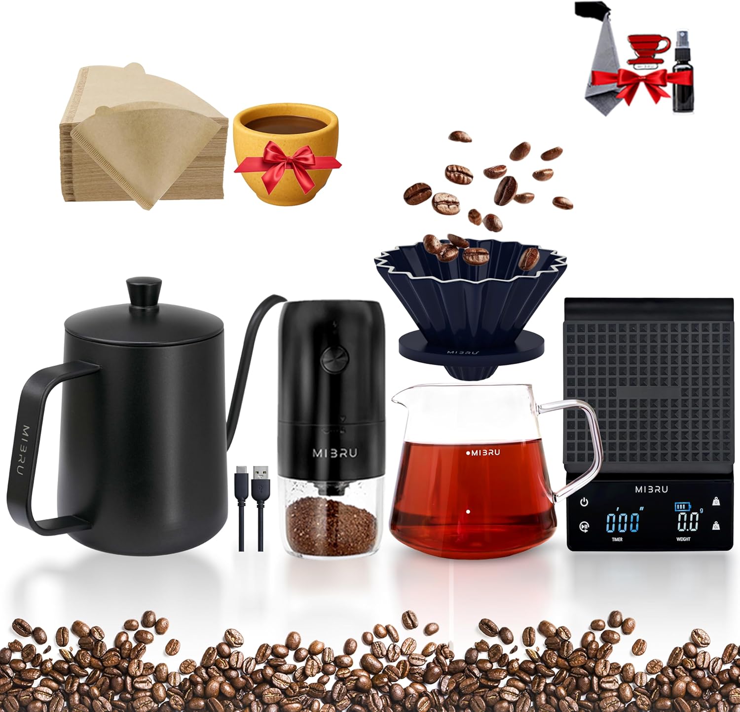ماكينة تحضير القهوة بالسكب من الأعلى من ميبرو بسعة 650 مل، تتضمن مطحنة قهوة كهربائية وميزان وغلاية وفلتر قهوة مع جرعة قياس