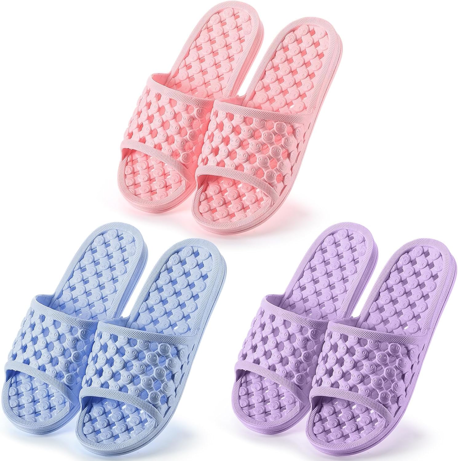 3 ازواج من احذية الاستحمام سريعة الجفاف ومضادة للانزلاق للنساء، صنادل بفتحة تصريف للاستخدام الداخلي والخارجي، شباشب مريحة وخفيفة الوزن للحمام وجانب حمام السباحة