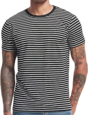 في اي اي اي سار تي شيرت رجالي مخطط برقبة دائرية ضيقة من القطن