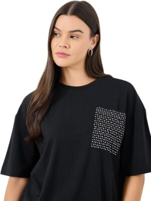 Styli Women Black Studded Pocket Oversized T-Shirt