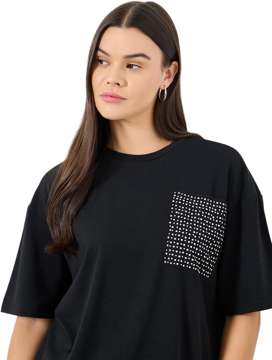 Styli Women Black Studded Pocket Oversized T Shirt