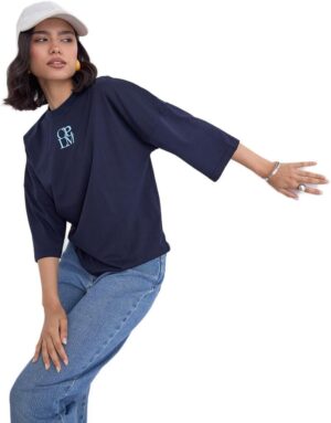 تيشيرت للنساء من ستايلي، مقاس كبير 3/4، لون ازرق كحلي