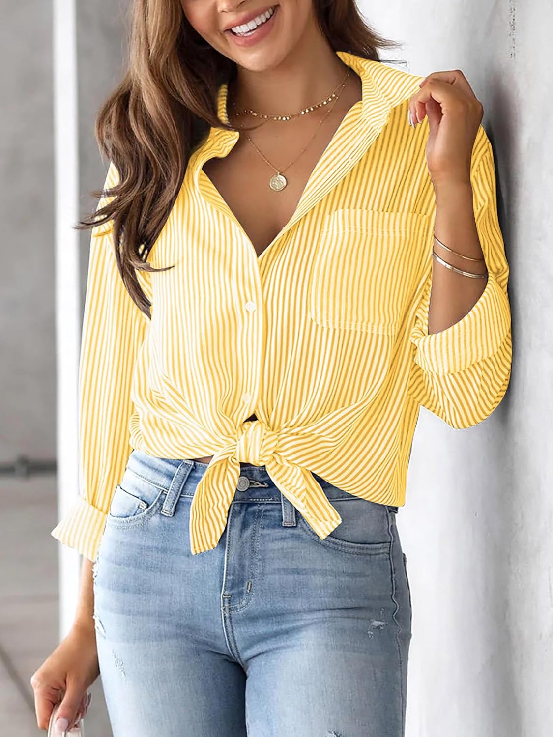 قميص كلاسيكي مخطط بأكمام طويلة وقبة V وأزرار أمامية للنساء من ميليفيجو، بلوزات كاجوال بجيوب للعمل