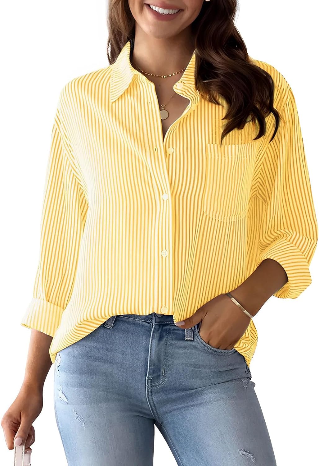 قميص كلاسيكي مخطط بأكمام طويلة وقبة V وأزرار أمامية للنساء