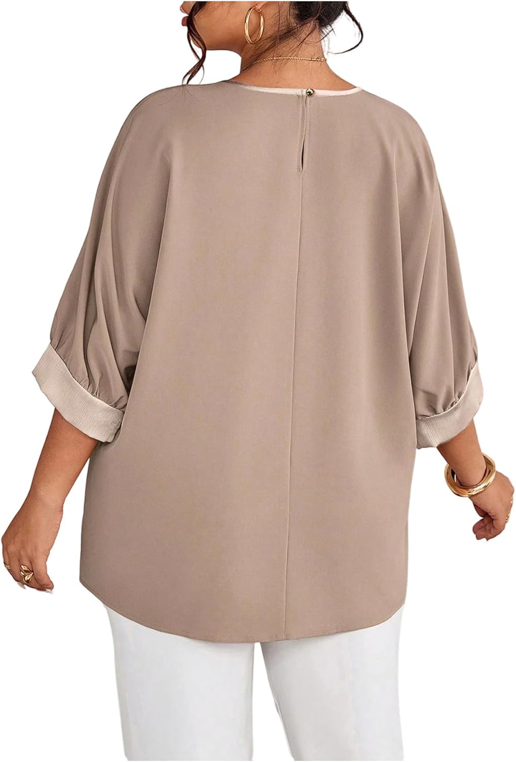 1771180283 تي شيرتات للنساء مقاسات كبيرة ميتاليك بلون متباين وياقة دائرية وأكمام ثلاثة أرباع بلوزة واسعة من جورجليتر