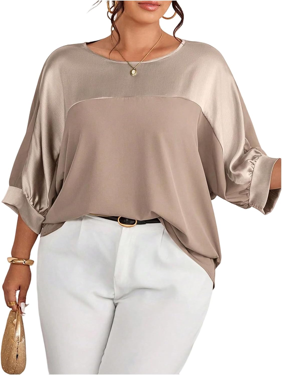 1771180285 تي شيرتات للنساء مقاسات كبيرة ميتاليك بلون متباين وياقة دائرية وأكمام ثلاثة أرباع بلوزة واسعة من جورجليتر