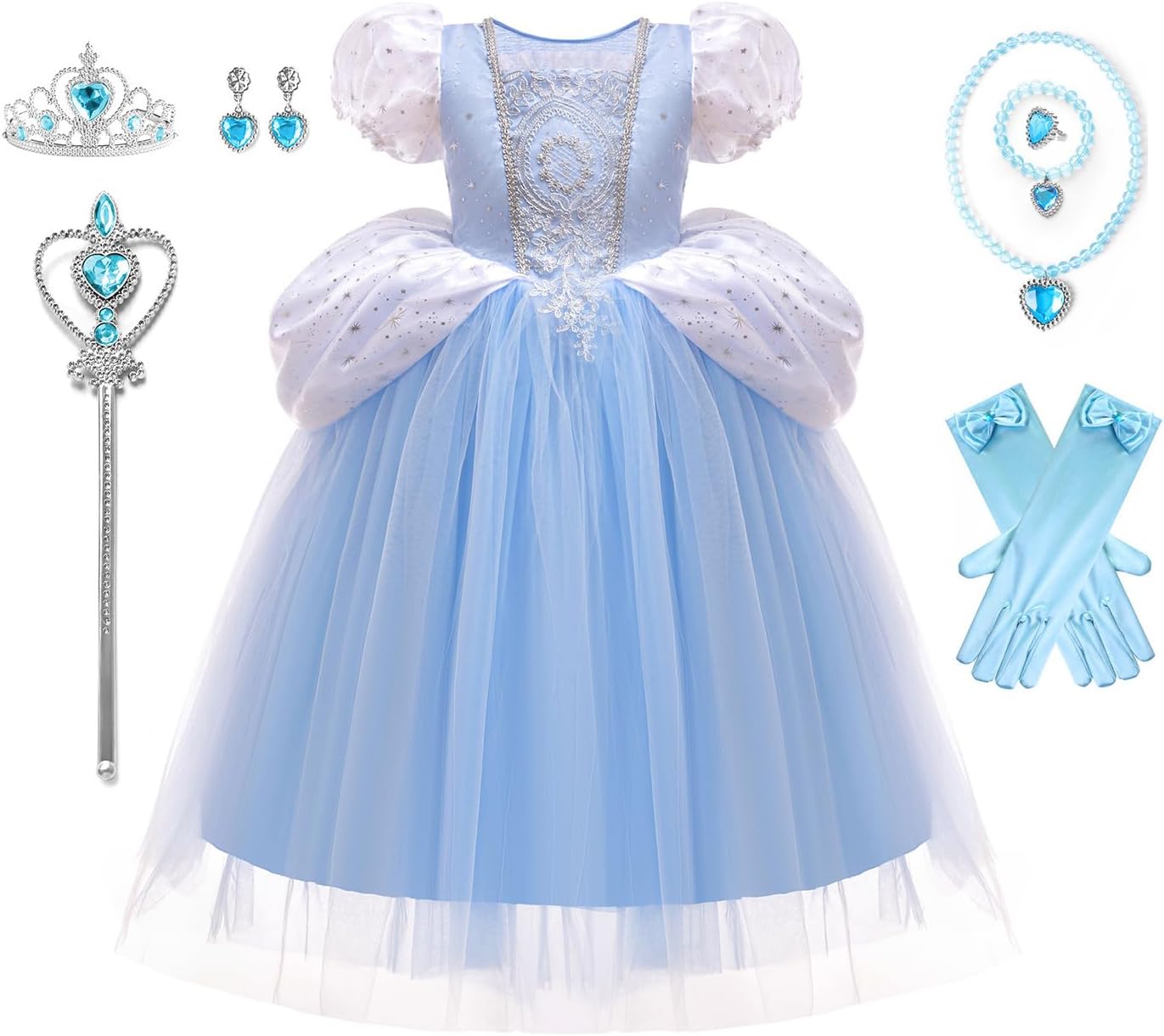 فستان الأميرة للأطفال البنات مع اكسسوارات من يلا بيبي، فستان حفلات مع تاج وعصا وقلادة وقفازات، لون أزرق، 90-150 سم، من عمر 2-12 سنة