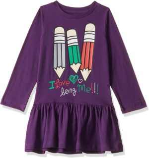 فستان كاجوال للبنات بأكمام طويلة وطول يصل إلى الركبة مصنوع من القطن بتصميم مطبوع من تي 2 اف