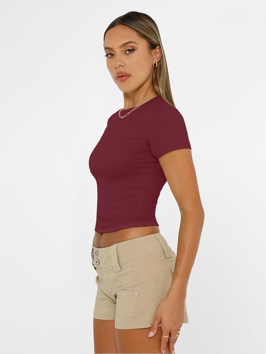 1772021825 تي شيرت أساسي صيفي بأكمام قصيرة وقبة دائرية ضيقة للنساء من اوتوميت، بلوزة قصيرة مناسبة للخروج بقصة ضيقة على طراز الألفينيات