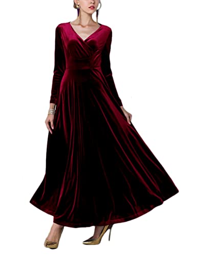 فستان طويل مخملي قابل للتمدد بقبة V واكمام طويلة للنساء من اوربان كوكو احمر نبيذي X-Large