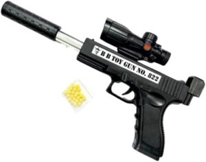 مسدس بلاستيكي مع منظار وكاتم صوت وخرز بي بي بلون أصفر