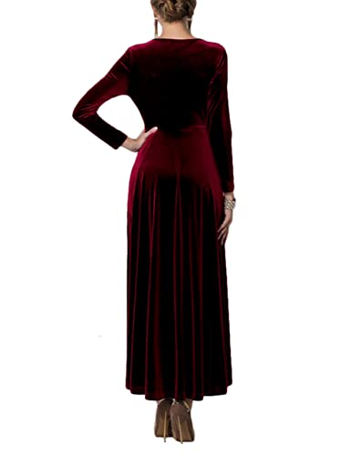 فستان طويل مخملي قابل للتمدد بقبة V واكمام طويلة للنساء من اوربان كوكو احمر نبيذي X-Large
