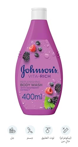 جونسون غسول الجسم المغذي بتوت العليق 400مل يساعد بشرتك على الانتعاش جل الاستحمام غني بفيتامين هـ والجلسرين